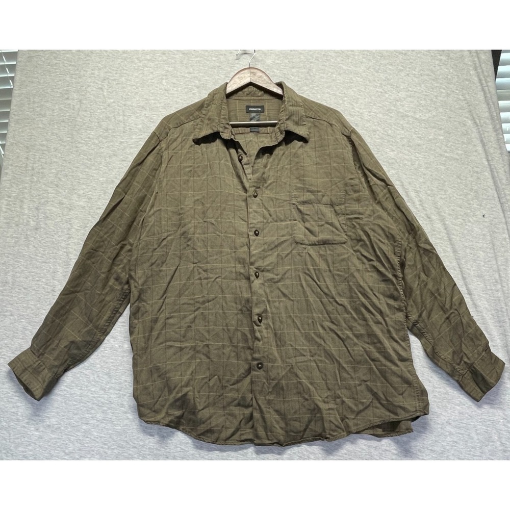 Claiborne Shirt Mens 2XL Olive Green Herringbone Textured Windowpane Button Up